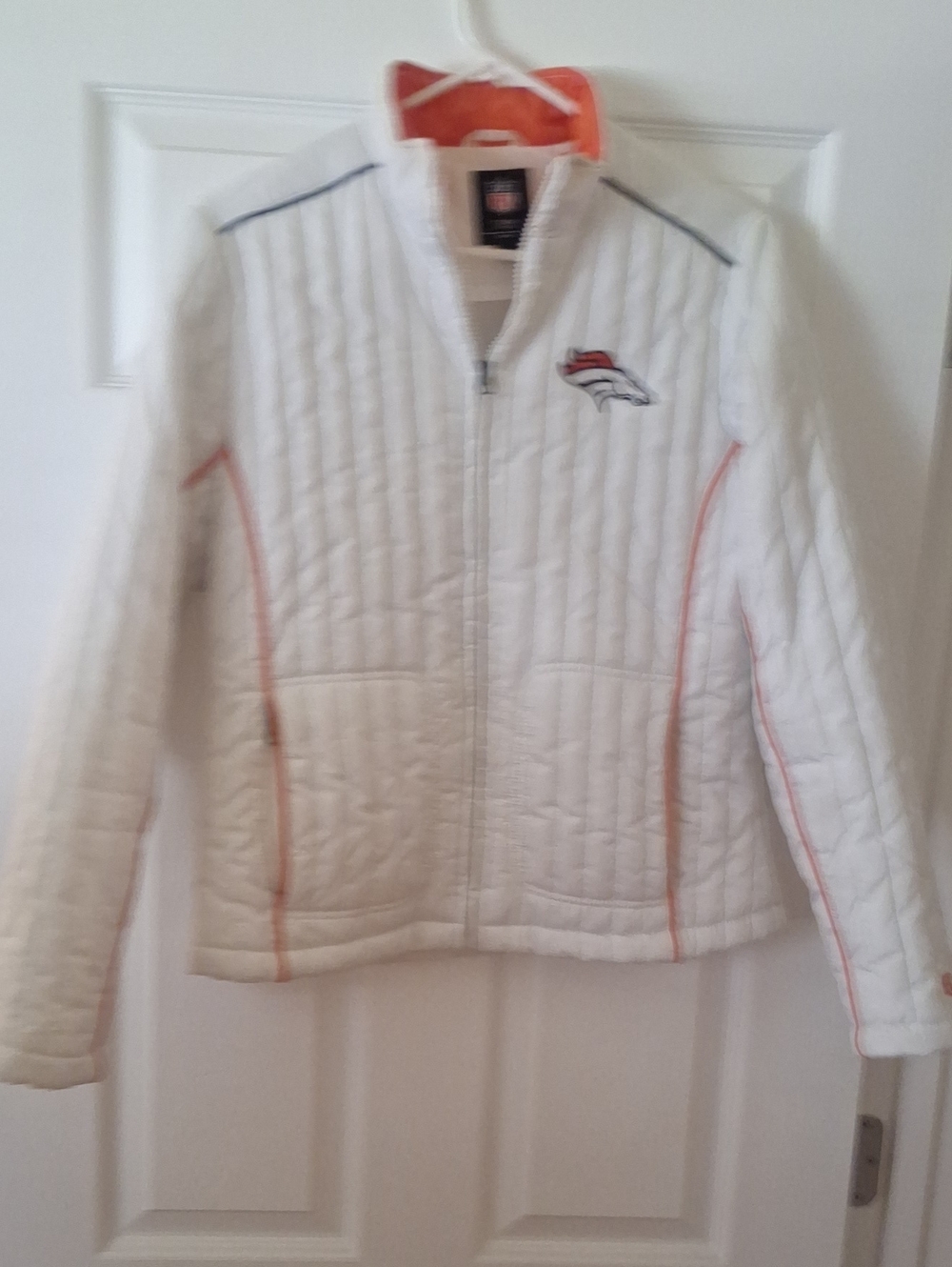NFL Women's White Quilted Puffer Jacket with Orange Trim